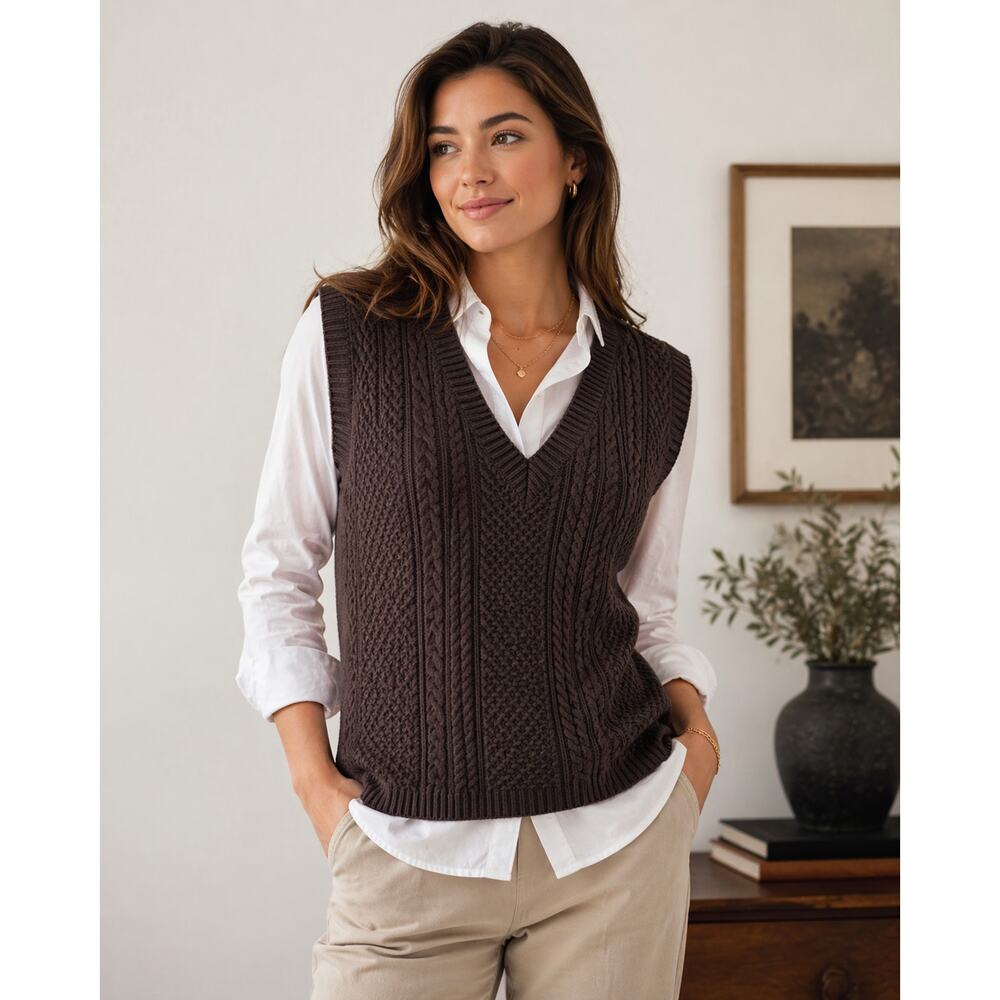 Talbots Petites M Brown Cable Knit Sweater Vest V Neck Preppy Cozy Chic